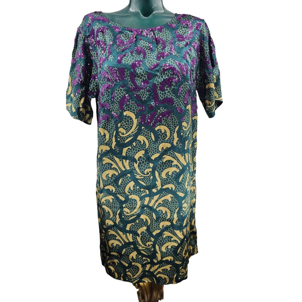 Dries Van Noten sequined short-sleeve shift short dress purple magenta paisley M